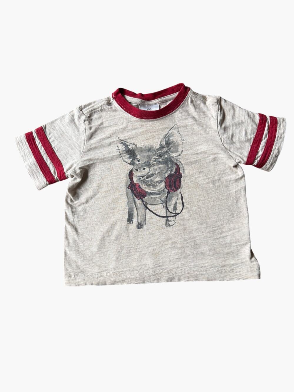 Hanna Andersson Pig Graphic Ringer Tee Boys Unisex Toddler Size 90 3T